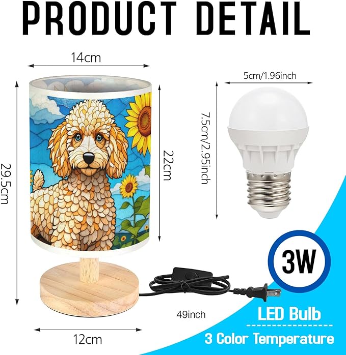 Poodle Table Lamp LED 3-Color Pressed Bedside, Dog Shade Lamp with Wood Base for Bedroom Living Room Desk Office - Bloomnest