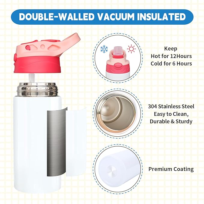 6 PACK Kids Sublimation Tumblers, 12oz Blank Sippy Cups, Stainless Steel Sublimation Water Bottle Blanks for DIY Heat Press Print Crafting Gift (6pack) - Bloomnest