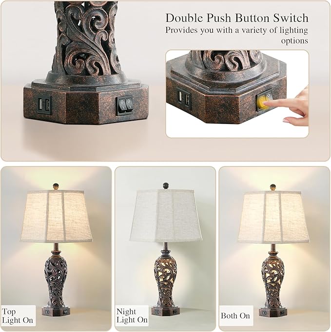 Set of 2 Farmhouse Table Lamps for Living Room, Rustic Vintage Nightstand Lamp with 2 USB Port, Bronze Resin Lamps for Bedroom End Table with Hollow Out Nightlight, 2 Bulbs Included - Bloomnest