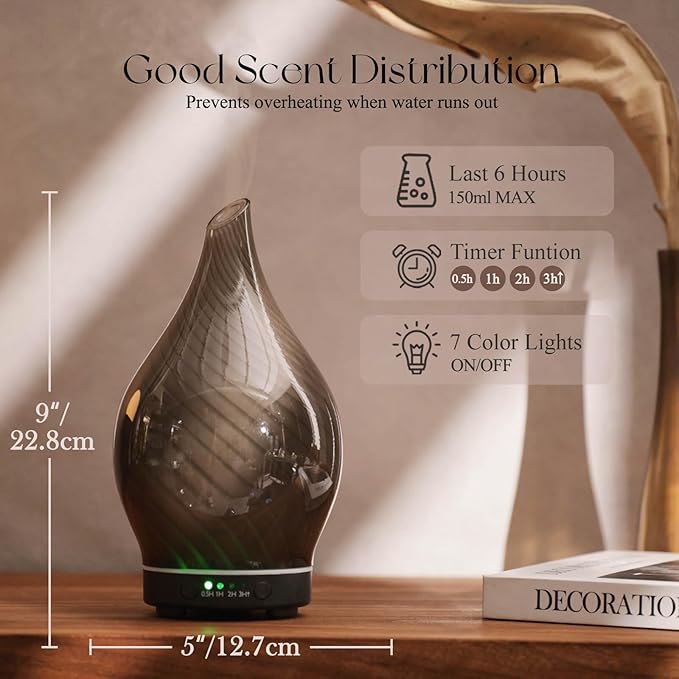 Porseme 150ml Essential Oil Diffuser Glass Color Changing Aroma Air Diffusers Aromatherapy Ultrasonic Cool Mist Humidifier 6 Running Hours Waterless Auto-Off for Sleeping Yoga Office Spa (Pure Grey) Porseme