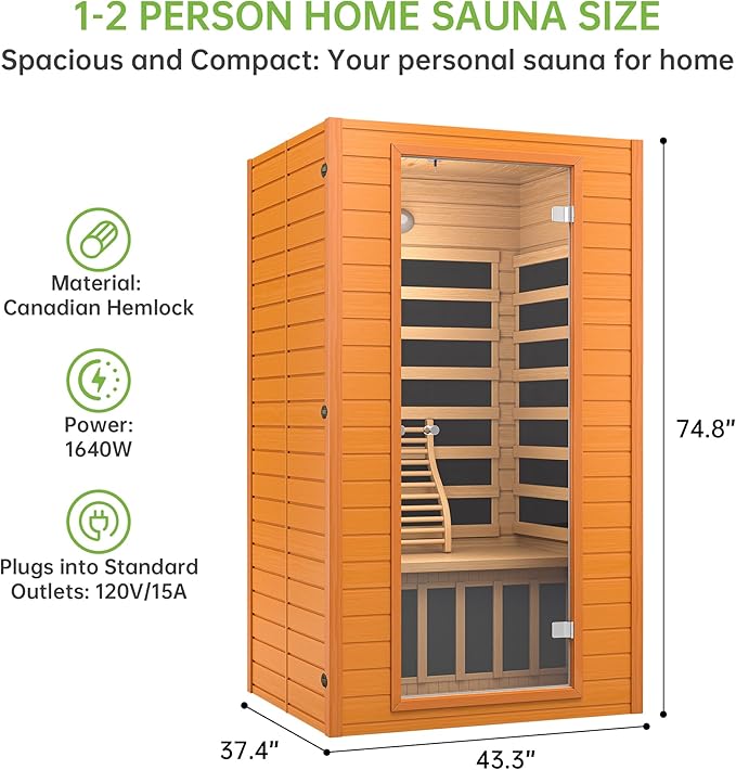 Real Relax Infrared Sauna for Home, Home Infrared Saunas up to 1-2 Persons, Canadian Hemlock Wooden Indoor Dry Sauna Room with Low Emf Red Light Therapy, 9-Color Chromotherapy Lights RealRelax