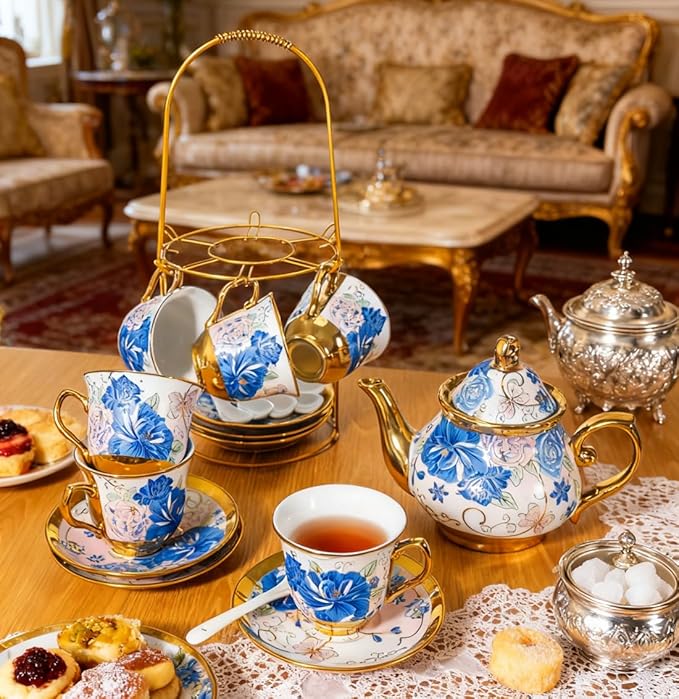 CHANJOON Gold Plated Red Rose Ceramic Tea Set, Vintage Tea Sets with Teapot, Beautiful Tea Set Coffee Serving 6 People (Blue Rose, large) - Bloomnest