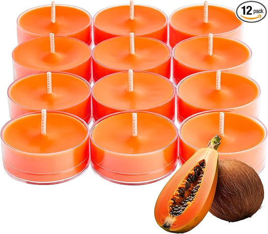 PartyLite Set of 12 Tea Lights Candles, Shredded Coconut & Papaya Scent, Aromatherapy Scented Candles Gift Set, Up to 4 to 6 Hours Burn Time - Bloomnest