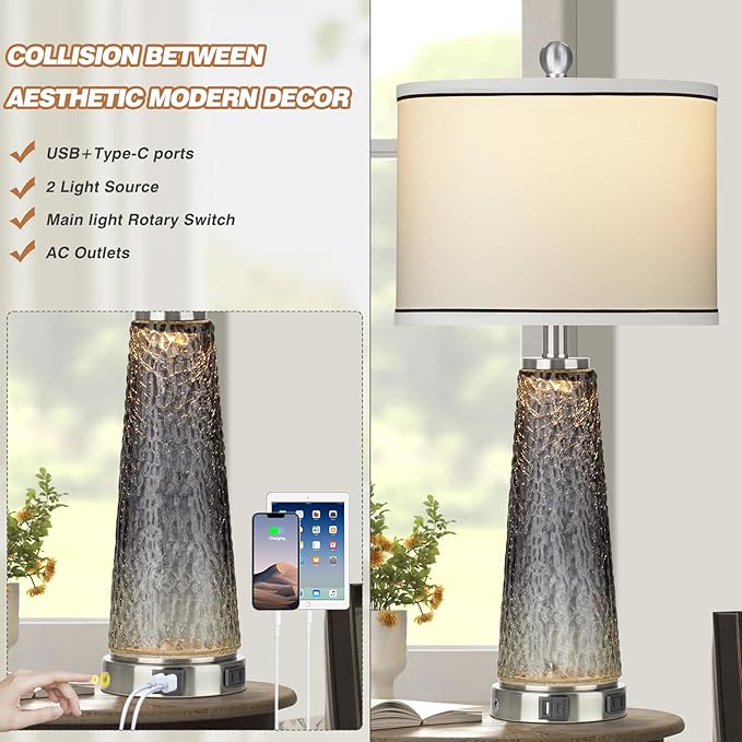 Glass Table Lamp Set of 2, 26" Modern Table Lamps with USB A+C Ports & AC Outlet, Touch Control Bedside Nightstand Lamp with LED Night Light for Living Room Bedroom Home Decor Black(4 Bulbs Included) - Bloomnest