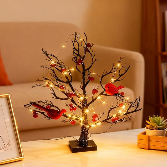 Vintage Glowing Tree with Cardinals, 21in Vintage Glowing Tree, Battery Operated Twinkle Trees Lamp with Lighted Branches, for Christmas Halloween Home Party Décor Lamp Tree - Bloomnest