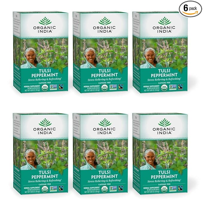 ORGANIC INDIA Tulsi Peppermint Tea - Caffeine Free Herbal Mint Tea - Stress Relieving Holy Basil, Immune Support, Aids Digestion, Vegan, USDA Certified Organic, Fairtrade - 18 Infusion Bags, 6 Pack - Bloomnest