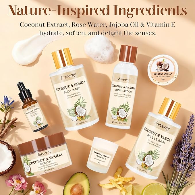 22PCS Valentines Day Spa Gift Baskets for Women, Luxury Bath and Body Gift Basket Set for Women Coconut Vanilla Spa Kit Relaxing Spa Self Care Gift for Her Wife Lover Mom Sister Friend