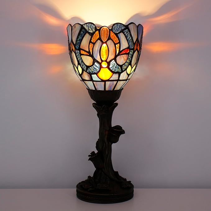Small Tiffany Lamp Mini Stained Glass Table Lamp Blue Liaison Accent Desk Uplight W6 H13.5 Inch Bronze Resin Base - Bloomnest