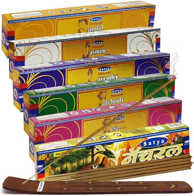 Satya Incense Sticks Variety Pack #1 and Incense Stick Holder Bundle with 6 Natural Series Fragrances TRUMIRI