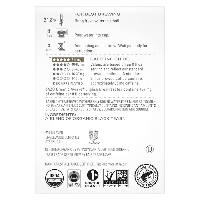 TAZO Organic Awake English Breakfast Black Tea-Bags, Bold Traditional Breakfast-Style Black Tea, 144 Total Tea Bags (Pack of 2) - Bloomnest