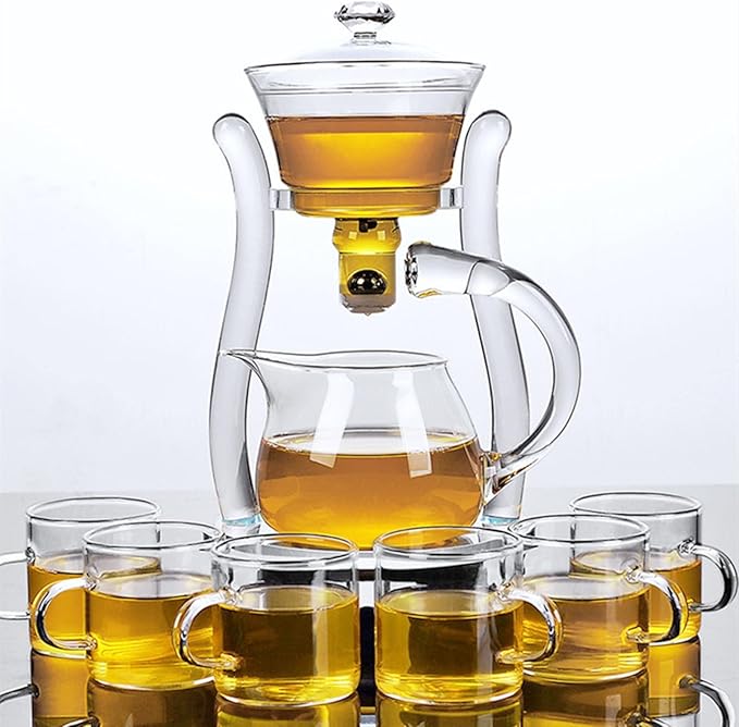 Mozeo Lazy Kungfu Semi-automatic Tea Maker - Glass Teapot with Suction Automatic Water Brewing - Office Flower Tea Set (Clear Teapot + 6pcs Cups)