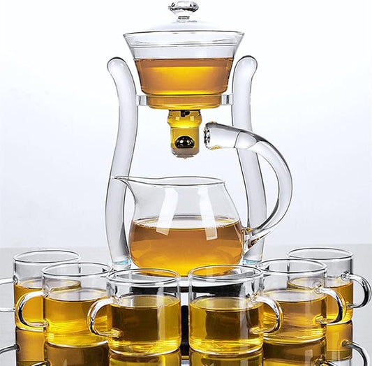 Mozeo Lazy Kungfu Semi-automatic Tea Maker - Glass Teapot with Suction Automatic Water Brewing - Office Flower Tea Set (Clear Teapot + 6pcs Cups)