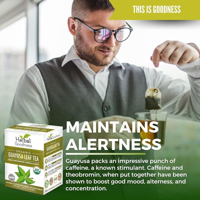 Herbal Goodness Organic Guayusa Leaf Tea Bags – Natural Energy Tea with Antioxidants & Smooth Caffeine | Smooth Focus | 24 Eco-Friendly Teabags – Caffeine Boost Without Jitters - | Yerba Mate Alternative, with Herbal Loose Leaf Tea Benefits - Bloomnest