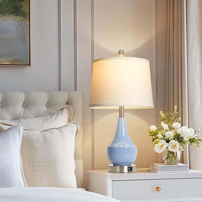 Modern Blue Table Lamp Set of 2, 24" Ceramic Table Lamp with USB A+C Ports,Classic Beside Lamps Nightstand Lamp Modern Lamp for Living Room, Bedroom & Office -LED Bulbs Included - Bloomnest