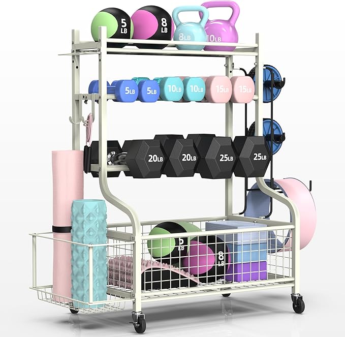 PLKOW Dumbbell Rack, Weight Rack for Dumbbells, Home Gym Storage for Dumbbells Kettlebells Yoga Mat and Balls, All in One Workout Storage with Wheels and Hooks, Powder Coated Finish Steel - Bloomnest