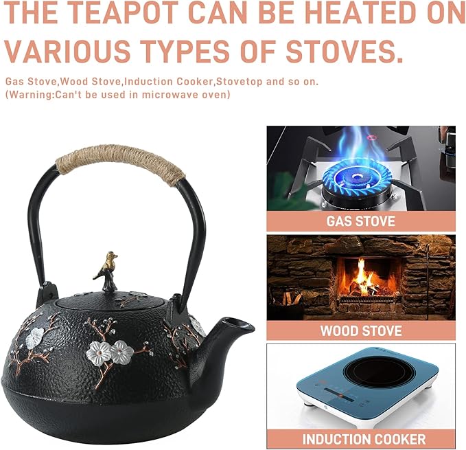 Cast Iron Teapot SECHUDO Teapot for Stovetop Safe Coated with Enameled Interior,Japanese Beautiful Tea Kettle with Stainless Steel Infuser for Loose Tea (40.6oz/1200ml) - Bloomnest