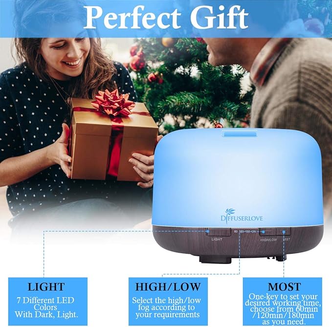 Diffuserlove Essential Oil Diffuser 500ML Aromatherapy Diffuser Mist Humidifiers 7 Color LED Lights Diffusers for Home Office Bedroom (Size:6.7" L x 6.7" W x 4.7" H) - Bloomnest