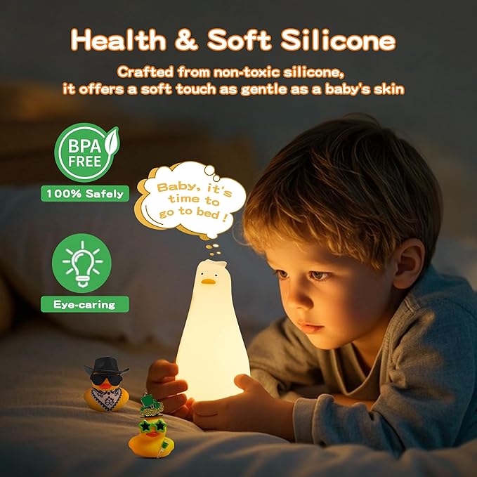 Lying Flat Duck Silicone Night Light, Cute Ducky Lamp with Gifts,Squishy Animal Nursery Nightlight, Dimmable/Rechargeable Portable Bedside Touch Lamp for Breastfeeding,Baby Adults Kids Room Decor - Bloomnest