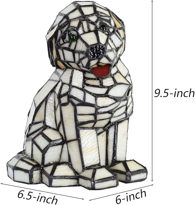 Bieye L10886 Tiffany-Style Stained Glass Dog Accent Table Lamp - 9.5-Inch Tall - Adorable Cream Dog Patiently Awaiting a Treat - Bloomnest