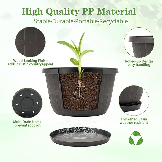 Quarut 16 Inch Brown Classic Plastic Whiskey Barrel Planters Set of 4 with Drainage Holes & Trays for Indoor & Outdoor Use - Bloomnest