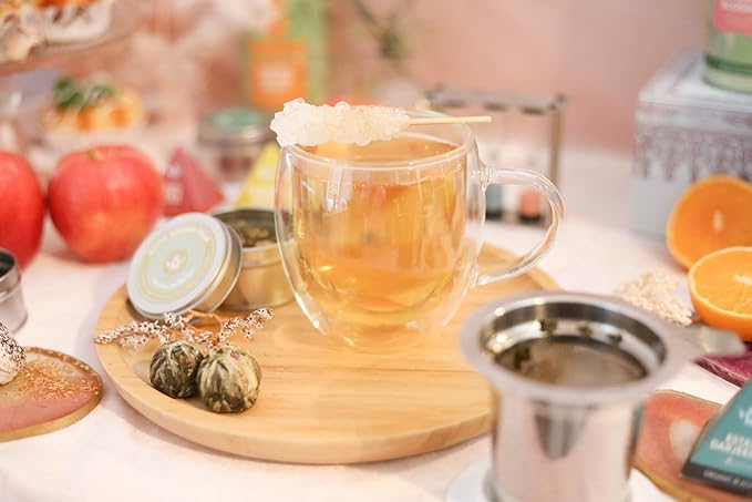 Teabloom Stay-Hot Heatproof Glass Mug with Loose Tea Infuser and Lid – 15 oz /430 mL – 2 Blooming Teas Included - Bloomnest