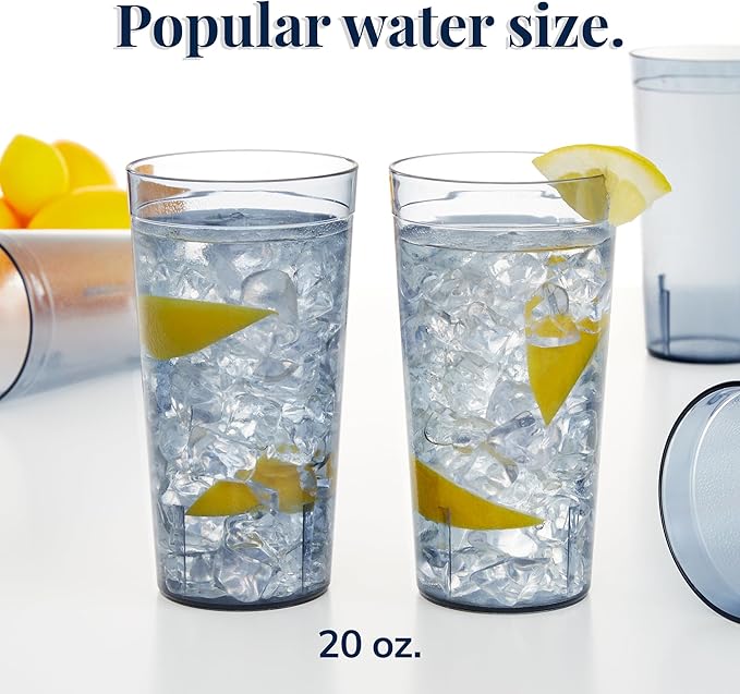 US Acrylic Cafe Plastic Reusable Tumblers (Set of 16) 20-ounce Water Cups in Grey | Value Set of Restaurant Style Drinking Glasses, Stackable, BPA-free, Made in the USA | Top-rack Dishwasher Safe - Bloomnest