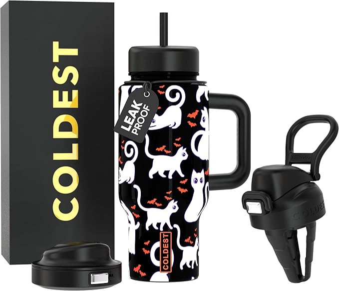 Coldest Tumbler with Handle & Coffee Lid - 100% Spill Proof Tumbler (3 Lids) - Stainless Steel Insulated Leakproof Tumblers for Women & Men - Cup Holder Friendly - 24 oz (Bats and Cats) - Bloomnest