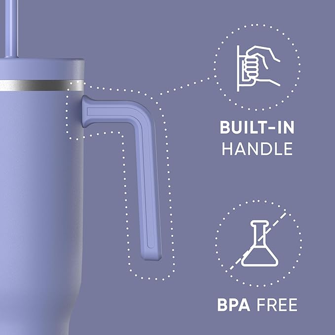 Hydrapeak Voyager 40 Oz Stainless Steel Tumbler with Handle, Insulated Water Bottle With Straw & Lid, Cupholder Friendly Reusable Travel Mug (Periwinkle) - Bloomnest