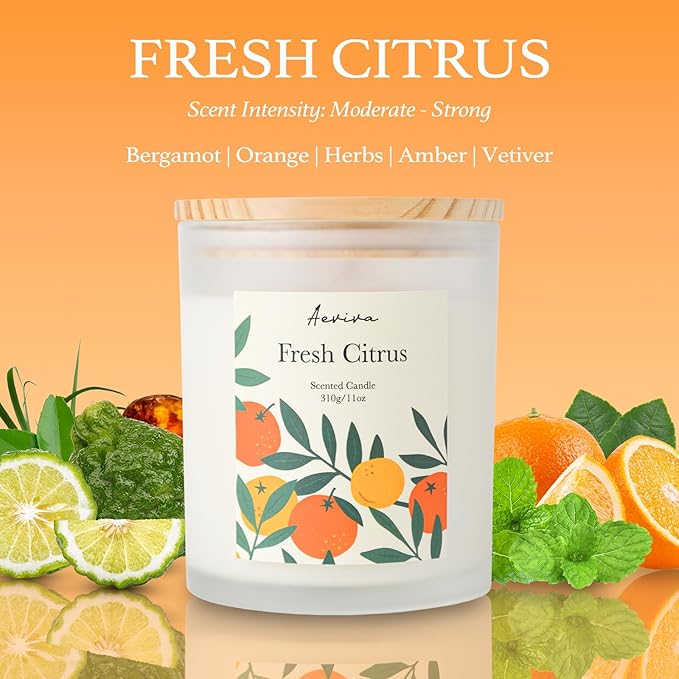 Fresh Citrus Scented Candle, 11oz 60 Hour Burn, Natural Soy Wax with Thick Cotton Wick, Highly Scented Aromatherapy Candle for Stress Relief & Meditation, Gifts for Women & Men - Bloomnest