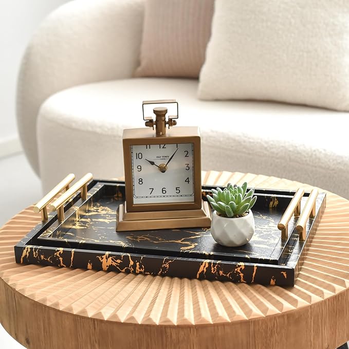 Modern Decorative Tray Set of 2 - Black and Gold Marble Wood Serving Tray with Gold Polished Metal Handles for Ottoman, Coffee Table, and More - Bloomnest