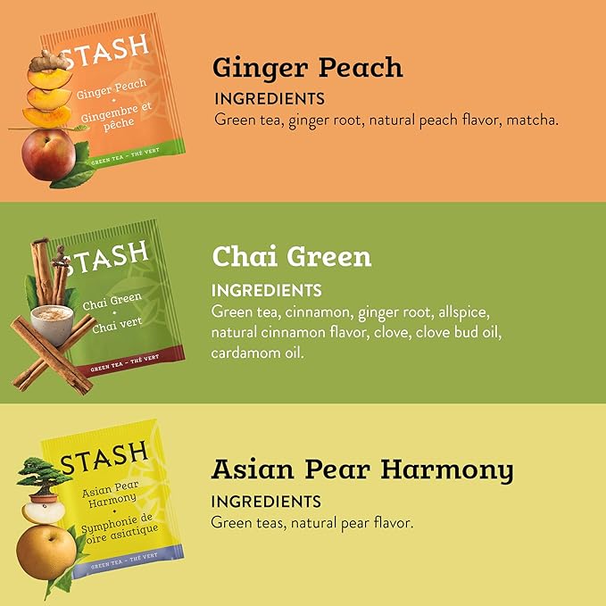 STASH Green Tea Variety Pack – Caffeinated, 6 Boxes of 18-20 Tea Bags Each – Pomegranate Raspberry, Premium Green, Moroccan Mint, Ginger Peach, Chai Green & Asian Pear Harmony - Bloomnest