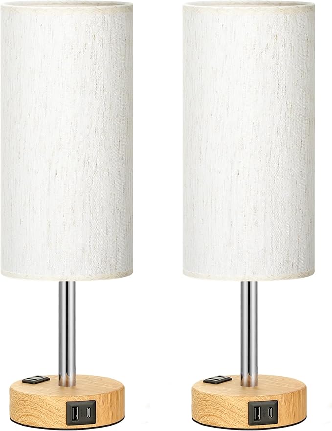 Fenmzee Small Touch Table Lamps Set of 2-3-Way Dimmable, USB A + C Charging, AC Outlet, Wood Grain Base, Bulbs Included - Bloomnest