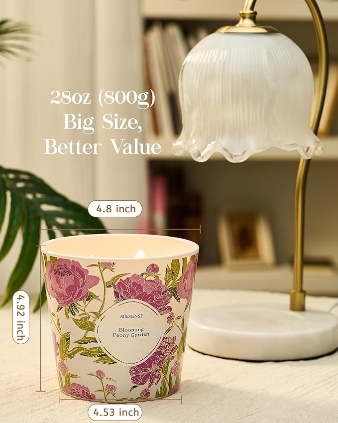 M&SENSE Blooming Peony Scented Candle, 28.2oz 3 Wick Natural Soy Wax Large Candles, Long Lasting Clean Slow Burning No Toxic Décor for Home Relaxation, Romantic Dates & Gift-Giving - Bloomnest