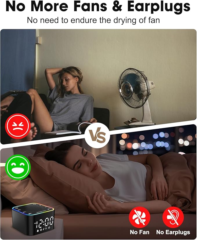 Alampan White Noise Sound Machine with Alarm Clock, 30 Soothing Sounds, Noise Machine for Sleeping, RGB Night Light, Digital Clock, Adults, for Bedside, Nightstand, Including Fan, Rain, Bird, Ocean - Bloomnest