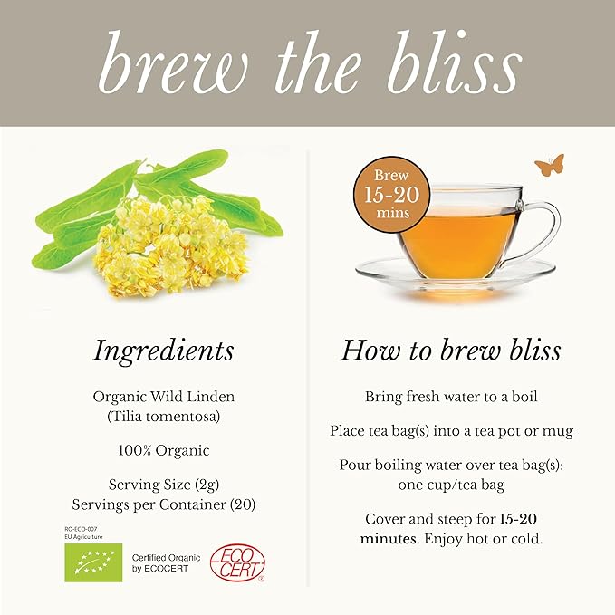 Wild Bliss Organic Linden Flower Herbal Tea - Caffeine Free Tisane - 20 Plant Based Tea Bags - Bloomnest