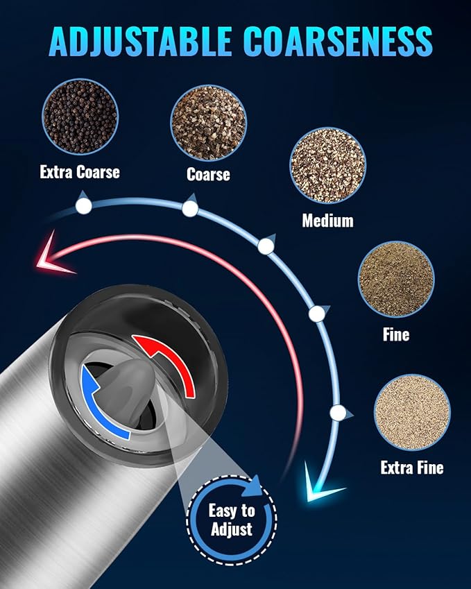 XinXu Gravity Electric Pepper/Salt Grinder, Salt and Pepper Mill & Adjustable Coarseness, Battery Powered with LED Light, One Hand Automatic Operation, Stainless steel - (Single/Silver) - Bloomnest