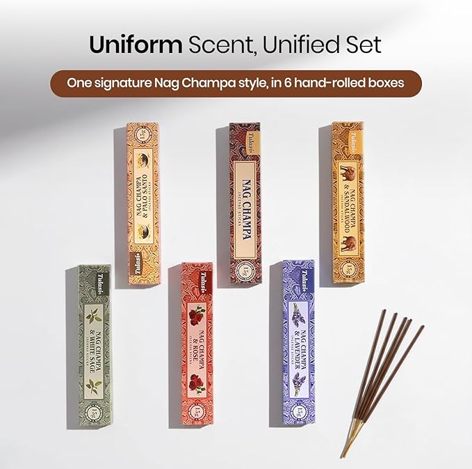 Tulasi Nag Champa Incense Sticks Gift Pack of 6, Hand Rolled Fragrance Incense Sticks for Aromatherapy, Relaxing, Yoga, Meditation, Prayer, Agarbatti Stick with Natural Oils, (15gm x 6) Tulasi