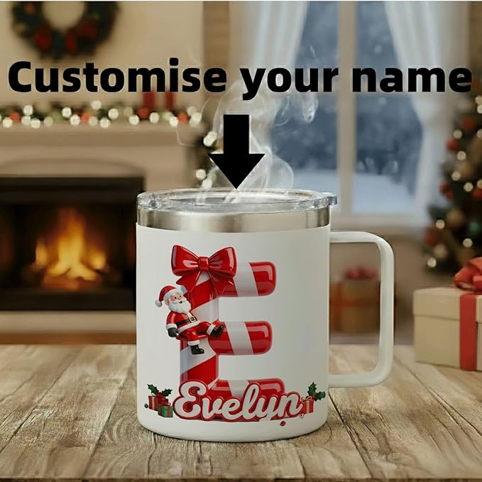 Personalized Christmas Mug | Custom Candy Cane Initial Insulated Cup with Handle & Lid | 12oz Holiday Tumbler, Cute Santa Gift for Kids, Boys & Girls (B36) - Bloomnest