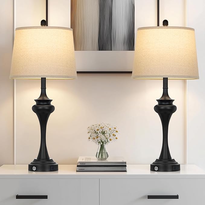 30" Black Tall Table Lamps for Living Room, Touch Control Bedside Lamp with USB A+C Ports, 3-Way Modern Bedroom Table Lamps Set of 2, Elegant Metal Lamp for Nightstand Desk Side Table Office - Bloomnest
