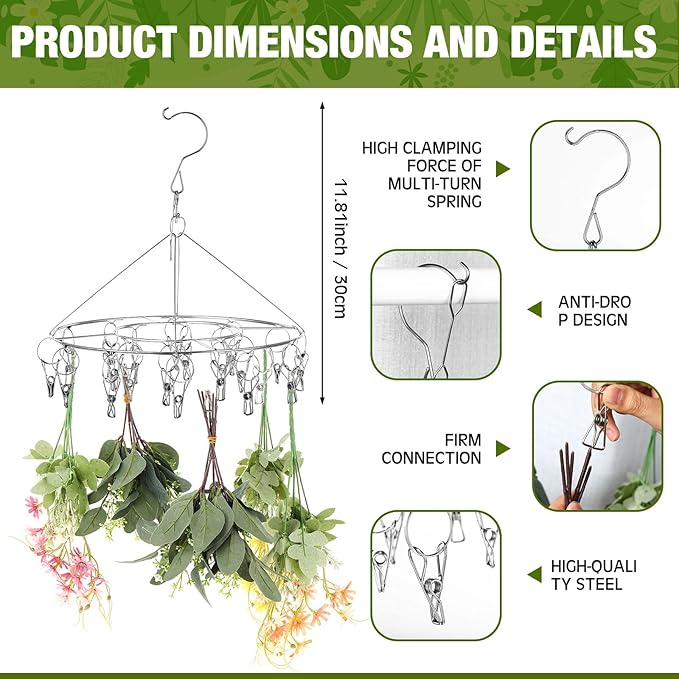 Bokon 4 Pcs Hanging Drying Rack for Herb Macrame Flower with Stainless Clip Dryer Hook for Drying Herb Air Plants Spices Flower Hydroponic Plant Ready to Use with Ceiling Hook(Round) - Bloomnest