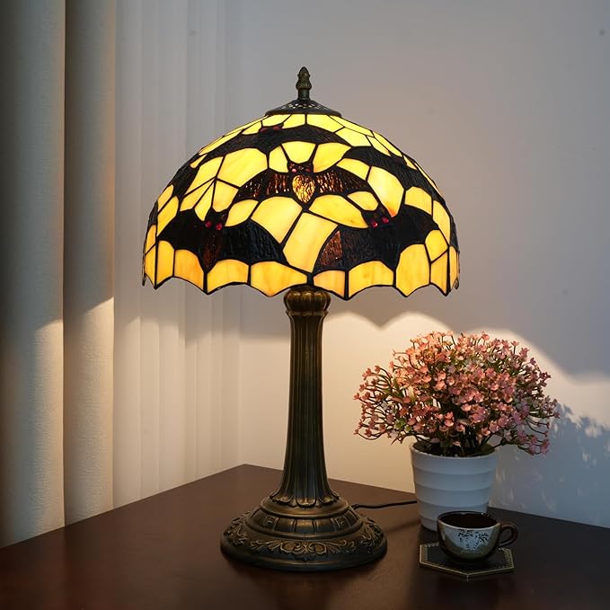 Tiffany Lamp Black Bat Style Stained Glass Table Lamp Vintage Bedroom Bedside Light for Home Dorm Office Art Craft Antique Decor Accent Aesthetic Nightstand Reading Light 12x12x19 Inches - Bloomnest