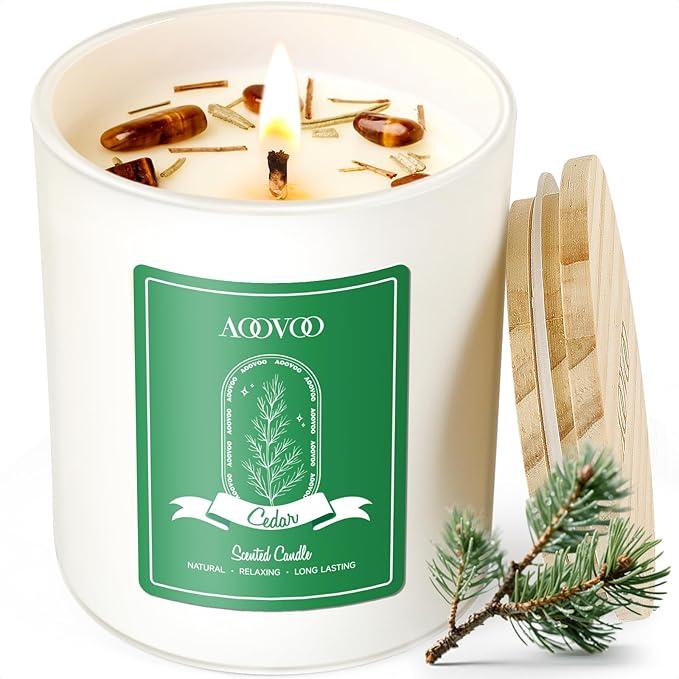 AOOVOO Cedar Scented Candles for Women - Aromatherapy Candle with Crystals Inside, 10oz Soy Candles for Home Scented, Birthday Gifts Christmas Candle for Women Mom - Bloomnest