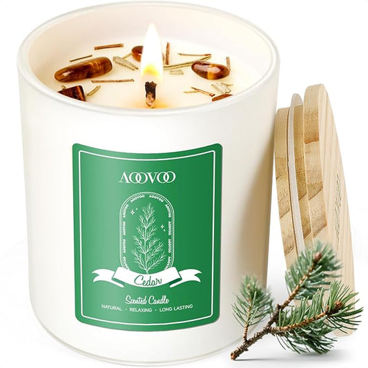 AOOVOO Cedar Scented Candles for Women - Aromatherapy Candle with Crystals Inside, 10oz Soy Candles for Home Scented, Birthday Gifts Christmas Candle for Women Mom - Bloomnest
