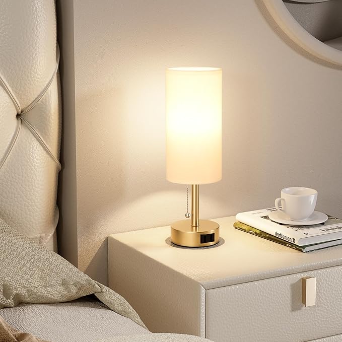 Fenmzee Gold Bedside Table Lamps Set of 2-3 Color Temperatures Pull Chain Lamp with AC Outlet Charging Port, Two Round Night Stand Lamps for Bedroom Office Living Room - Bloomnest