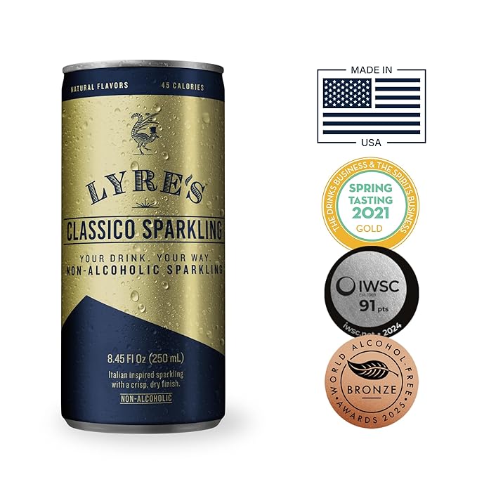 Lyre’s Classico 4-Pack, Non Alcoholic Sparkling Wine, Zero Proof Prosecco Alternative, Alcohol Free Drinks, Canned Mocktails, Ready to Drink, 45 Calories per Serve (8.45 Fl Oz x 4) LyresSpiritCo
