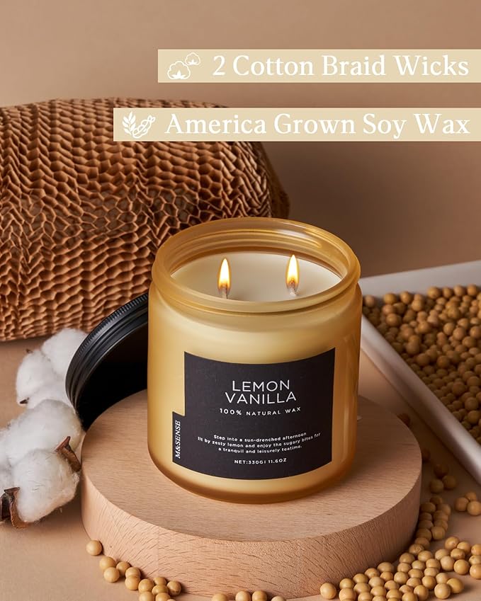 M&SENSE Candles Lemon Vanilla Scented, 11.6oz 70 Hour Long Lasting Candles for Home, 2 Wick Natural Soy Wax in Glass Jar, Stress Relief Gifts for Women and Men - Bloomnest