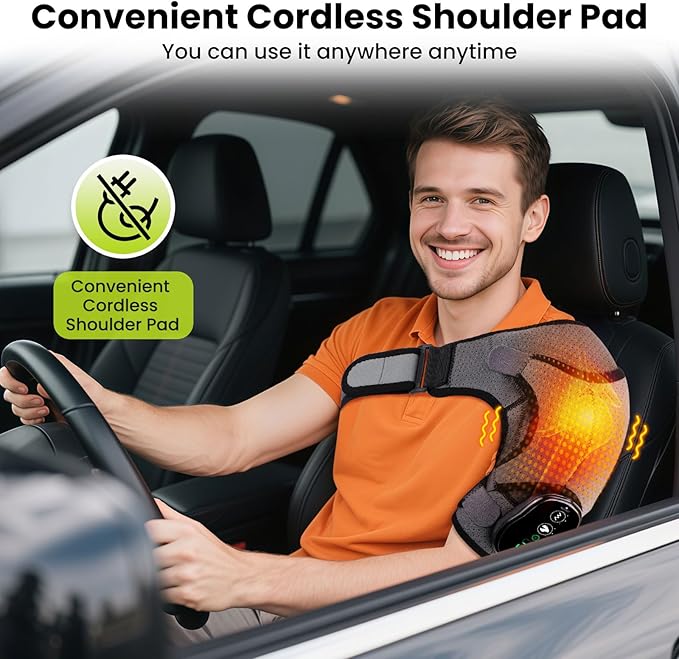 Cordless Shoulder Heating Pad with Vibration for Rotator Cuff Pain Relief, Arm Heated Massage Pad, Shoulder Support Brace with 3 Heating Levels & Vibration, Left or Right (Grey) - Bloomnest
