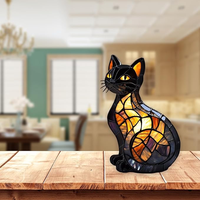 Atlodas Cat Lamp, Retro Cats Stained Resin Tabletop Night Lights, Animal Table Lamp Series, Cat Lamp Stained Glass Tabletop Night Light, 3D Cute Pet LED Table Lamps, Gift for Lovers (#10, 12inch) - Bloomnest