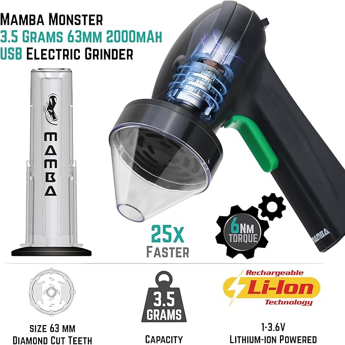 Mamba Monster 3.5g USB Electric Herb Grinder. Large Capacity Portable Metal Herbal Machine & Spice Mill for the Kitchen (Black) - Bloomnest