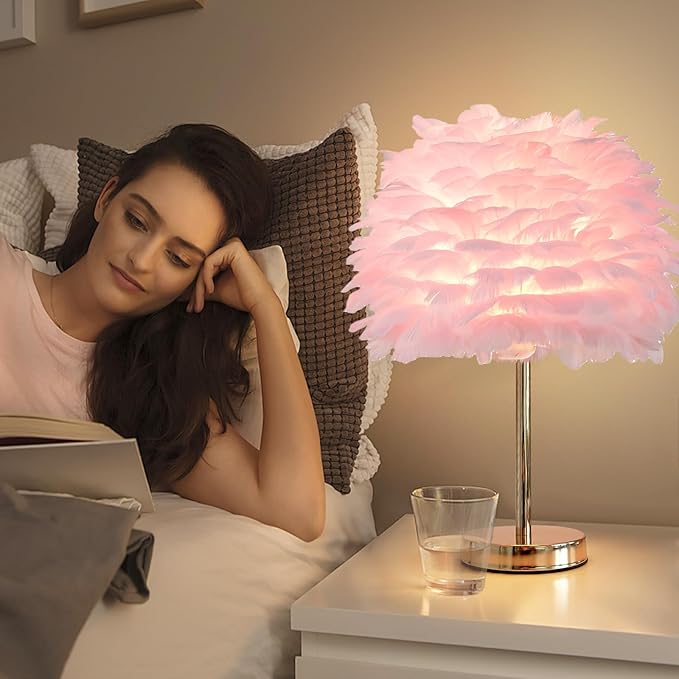 ZYLEIESENBAO Pink Feather Lamp Cute Romantic Goose Feather Table Lamp Furry Nightstand Light with Gold Base Bedside Lamp for Girl Bedroom Wedding Living Room Hotel Decorative - Bloomnest